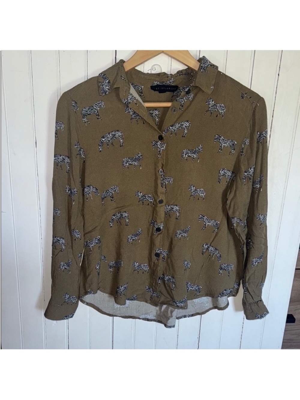 Jane +  Delancey Button Down Top Olive Green Zebra Design Size S